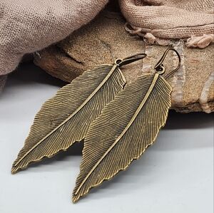 Anthropologie Brass Feather Drop Earrings - Antique Gold Tone